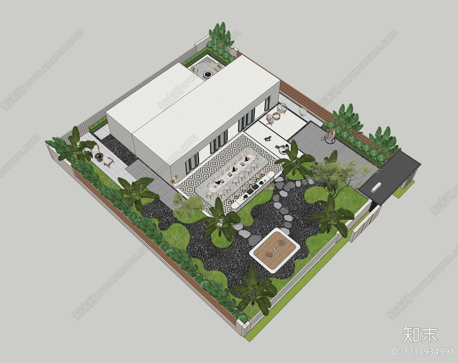 现代简约别墅庭院SU模型下载【ID:1211934991】