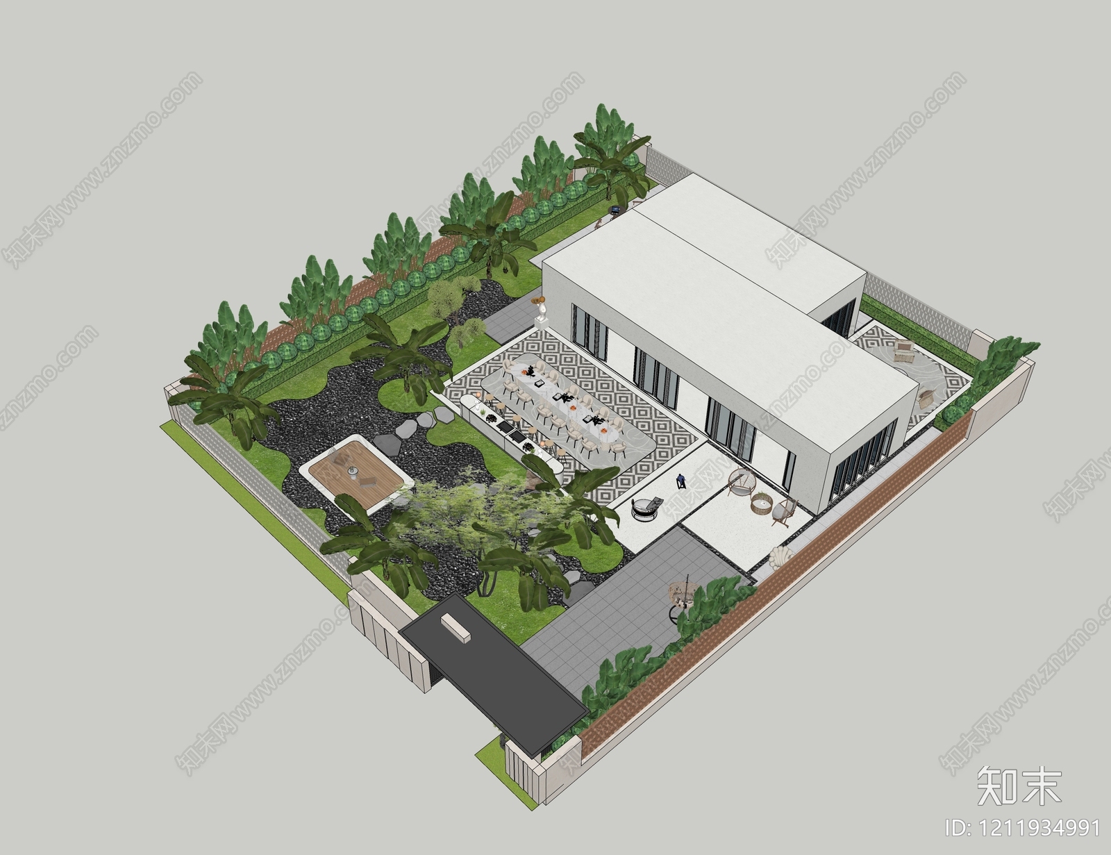 现代简约别墅庭院SU模型下载【ID:1211934991】
