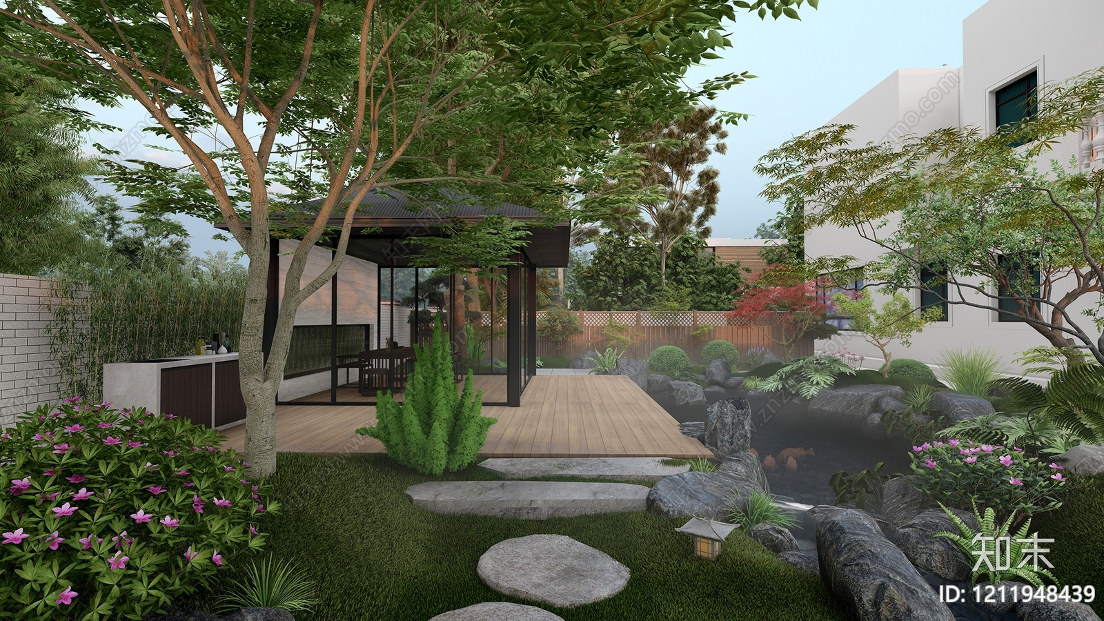 日式禅意别墅庭院SU模型下载【ID:1211948439】