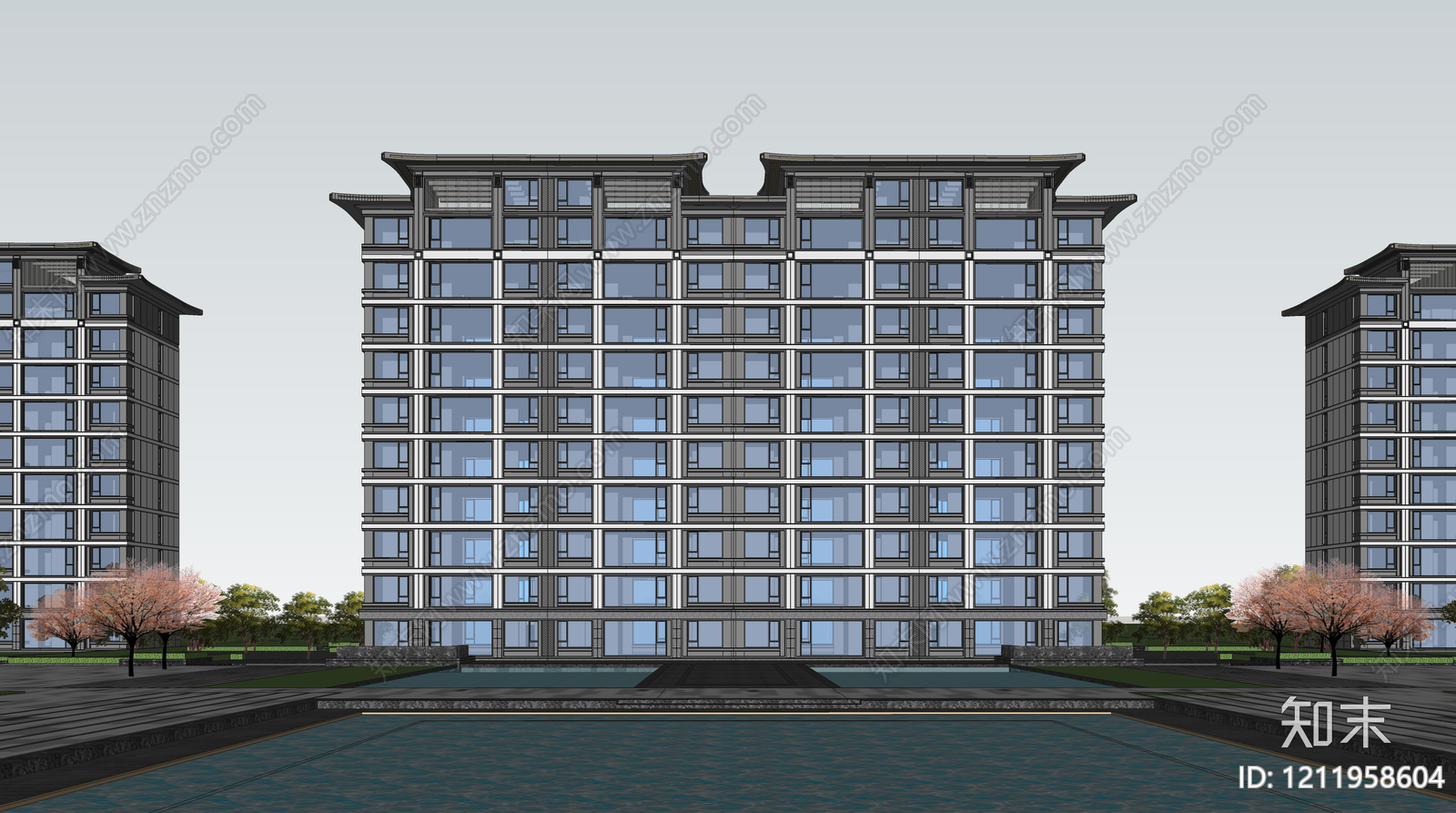 新中式高层住宅SU模型下载【ID:1211958604】