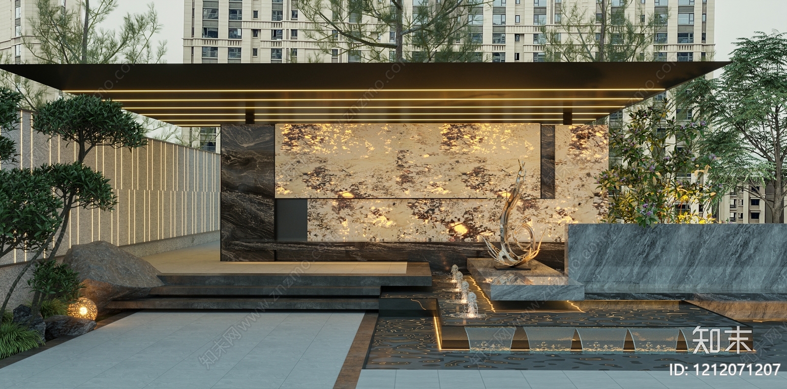 新中式景观水墙3D模型下载【ID:1212071207】