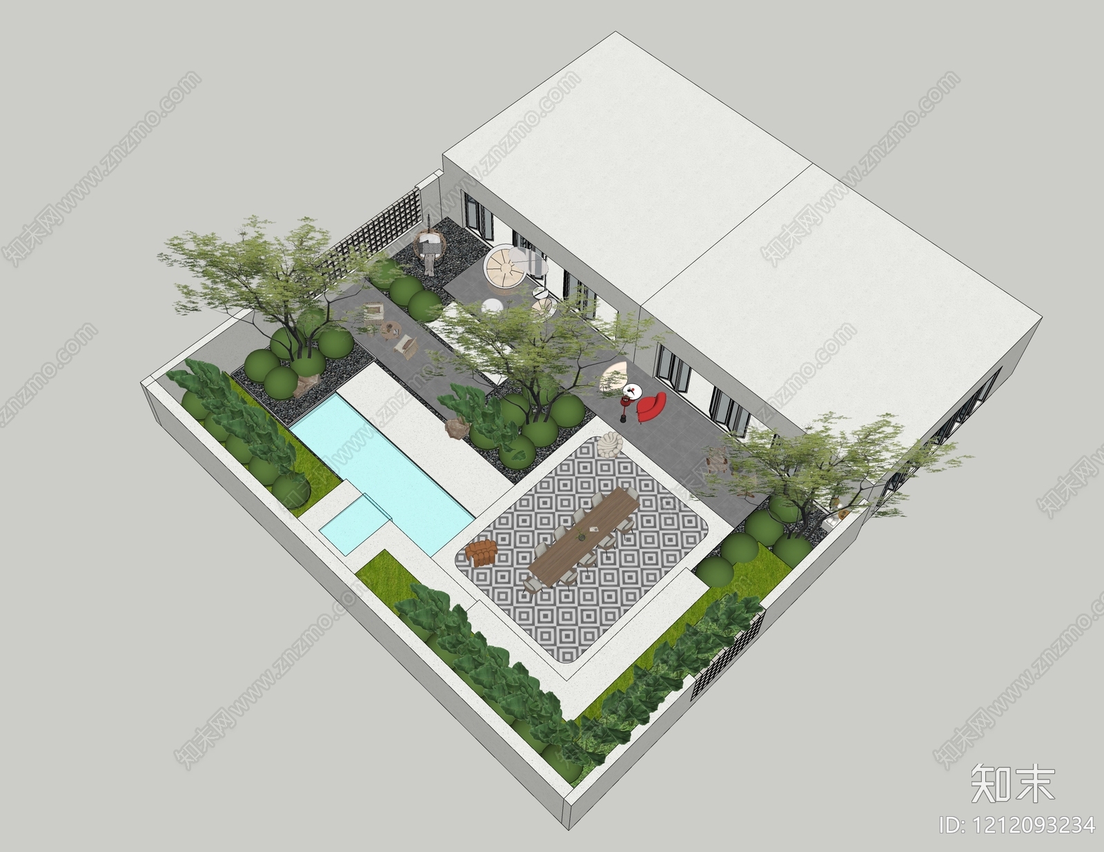 现代简约别墅庭院SU模型下载【ID:1212093234】