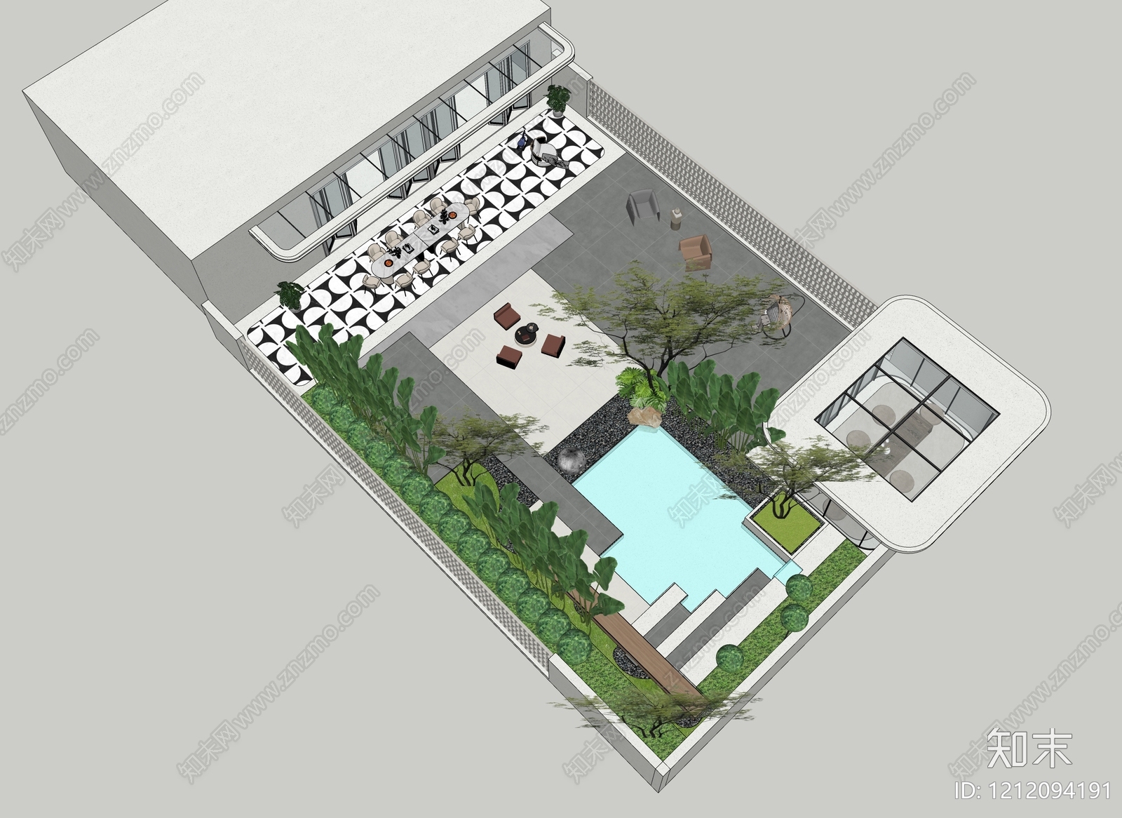 现代简约别墅庭院SU模型下载【ID:1212094191】