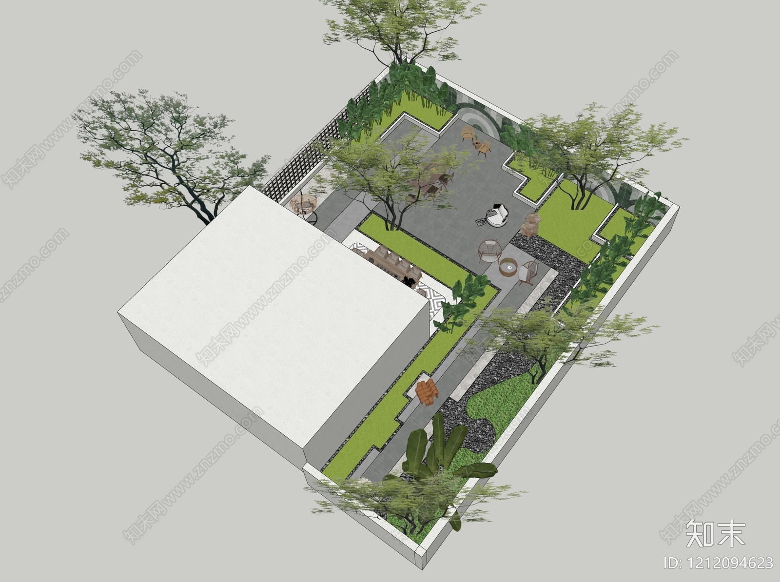 现代简约别墅庭院SU模型下载【ID:1212094623】