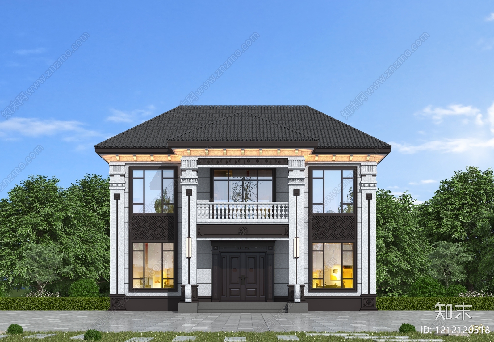 新中式别墅外观3D模型下载【ID:1212120518】