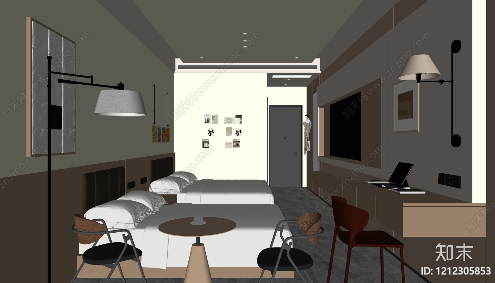 奶油风酒店客房SU模型下载【ID:1212305853】