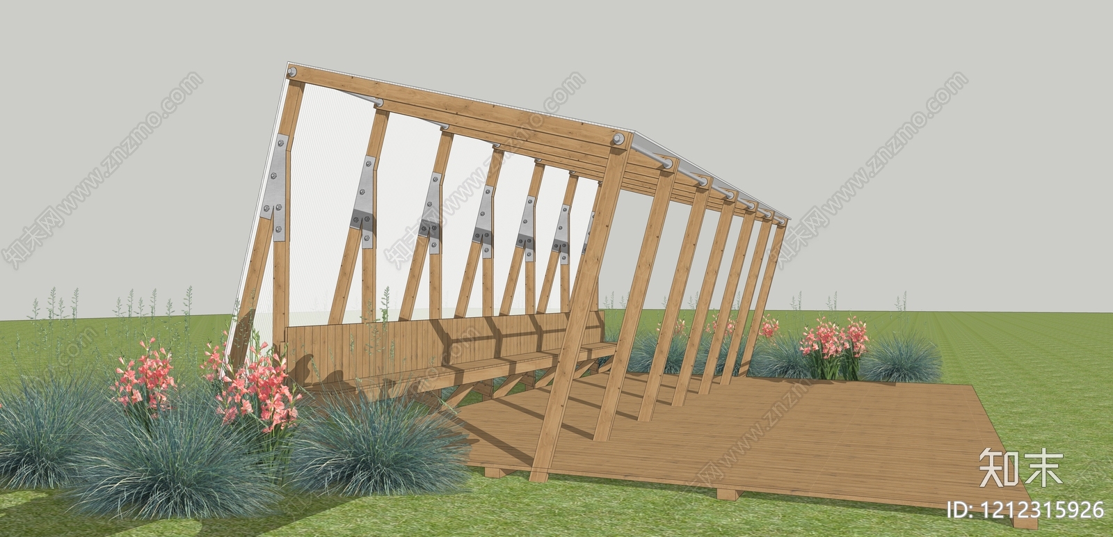 现代原木风廊架空间SU模型下载【ID:1212315926】