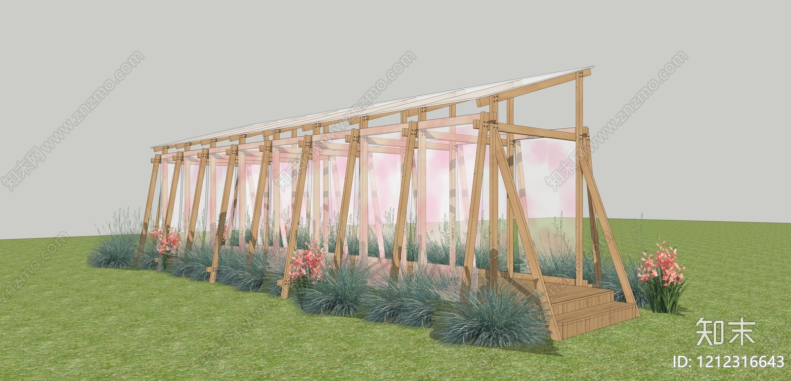 原木风廊架SU模型下载【ID:1212316643】
