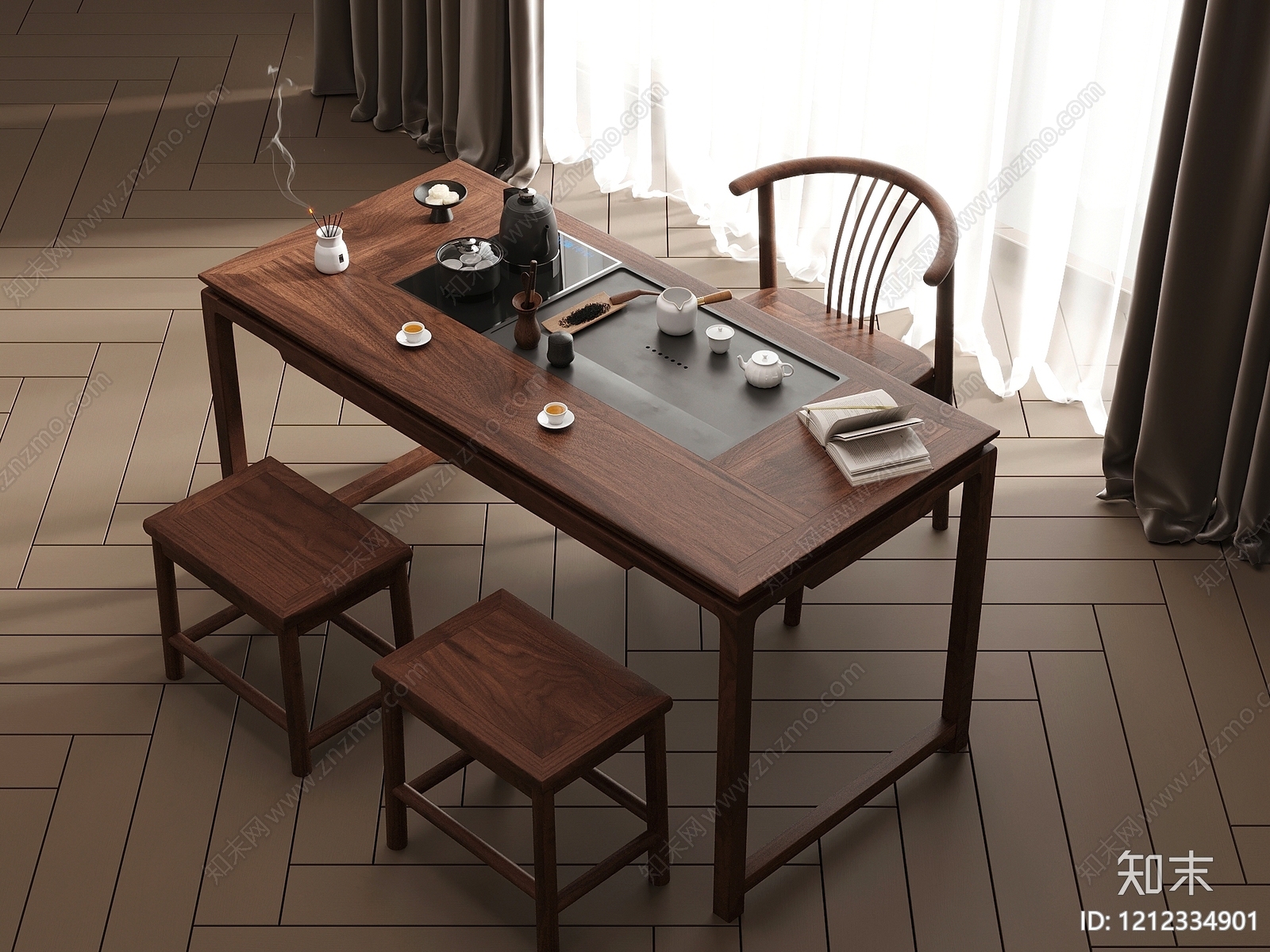 新中式茶桌椅SU模型下载【ID:1212334901】