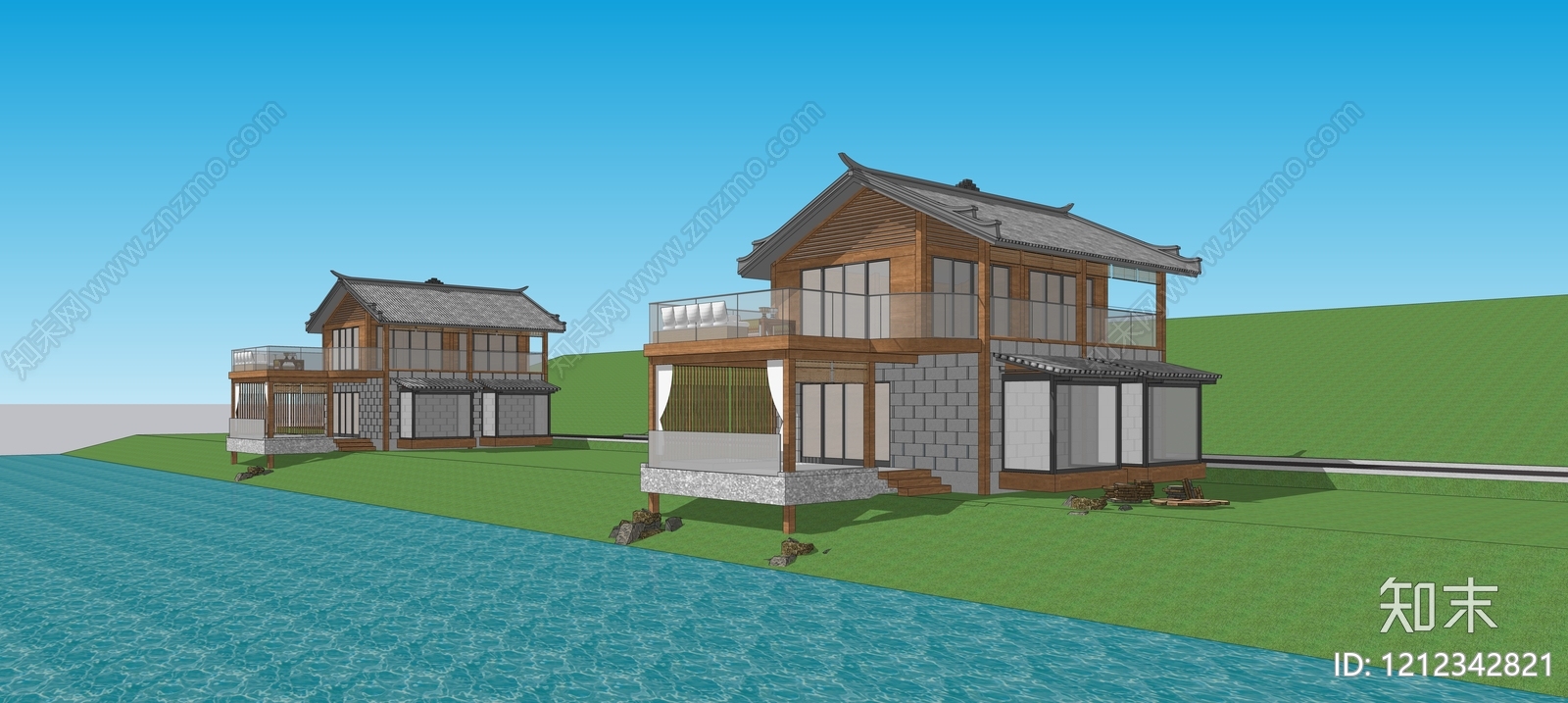 新中式民宿建筑SU模型下载【ID:1212342821】