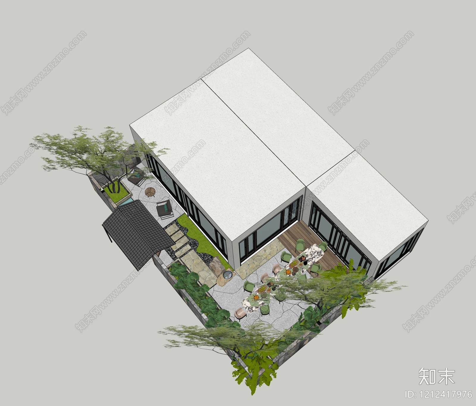 新中式别墅庭院SU模型下载【ID:1212417976】