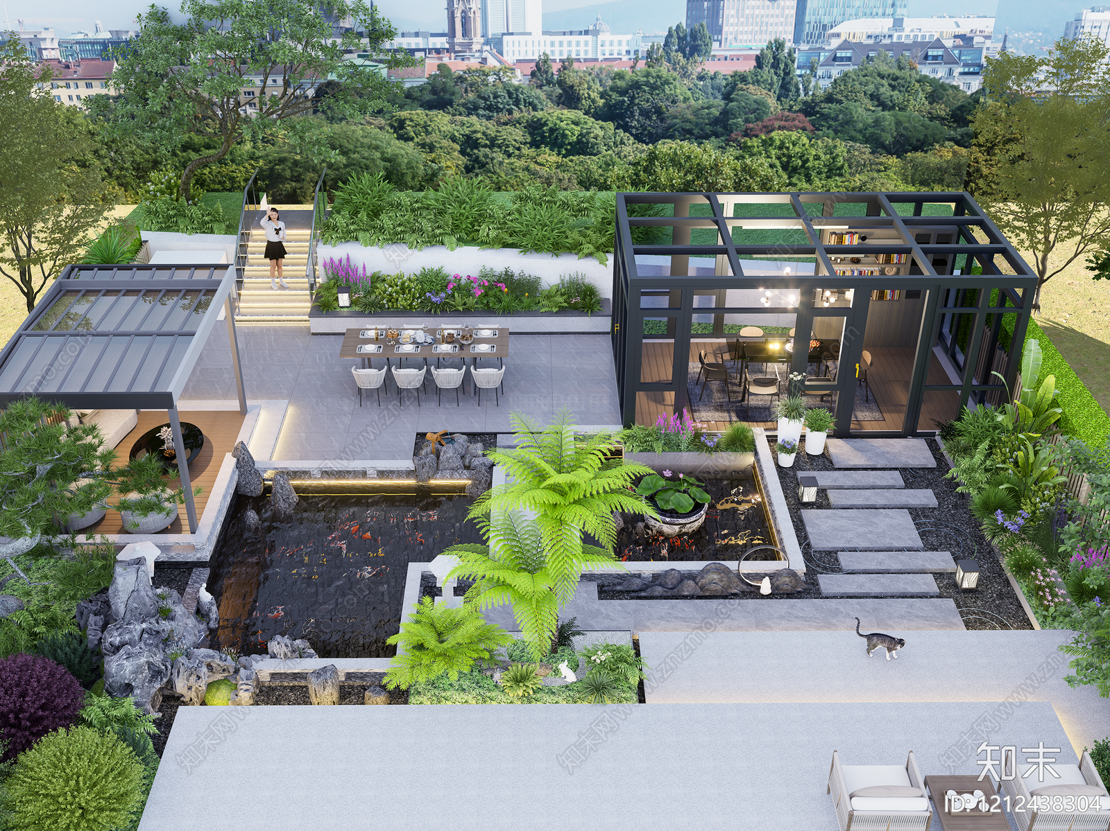 新中式景观屋顶花园SU模型下载【ID:1212438304】