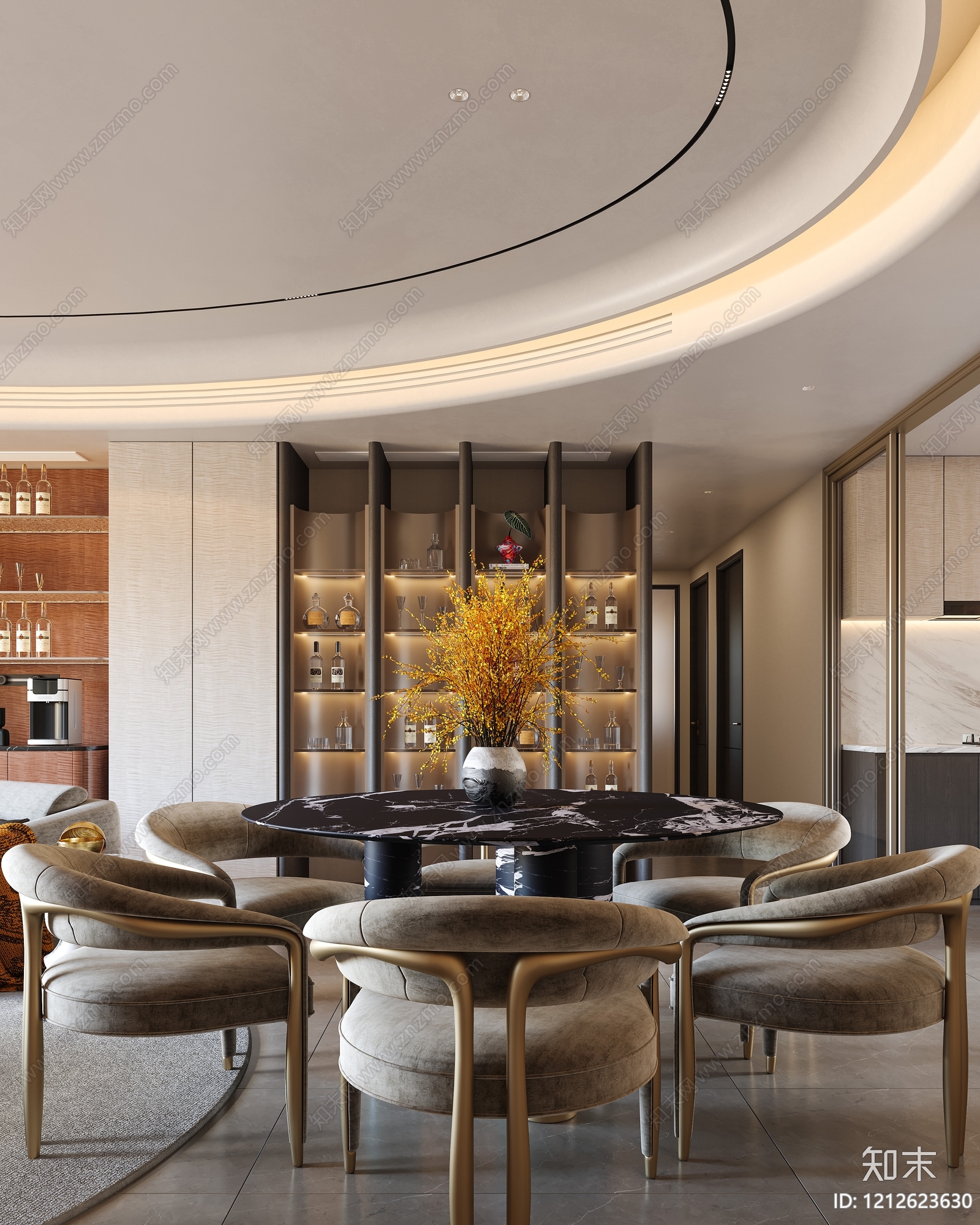 意式轻奢大平层客餐厅3D模型下载【ID:1212623630】