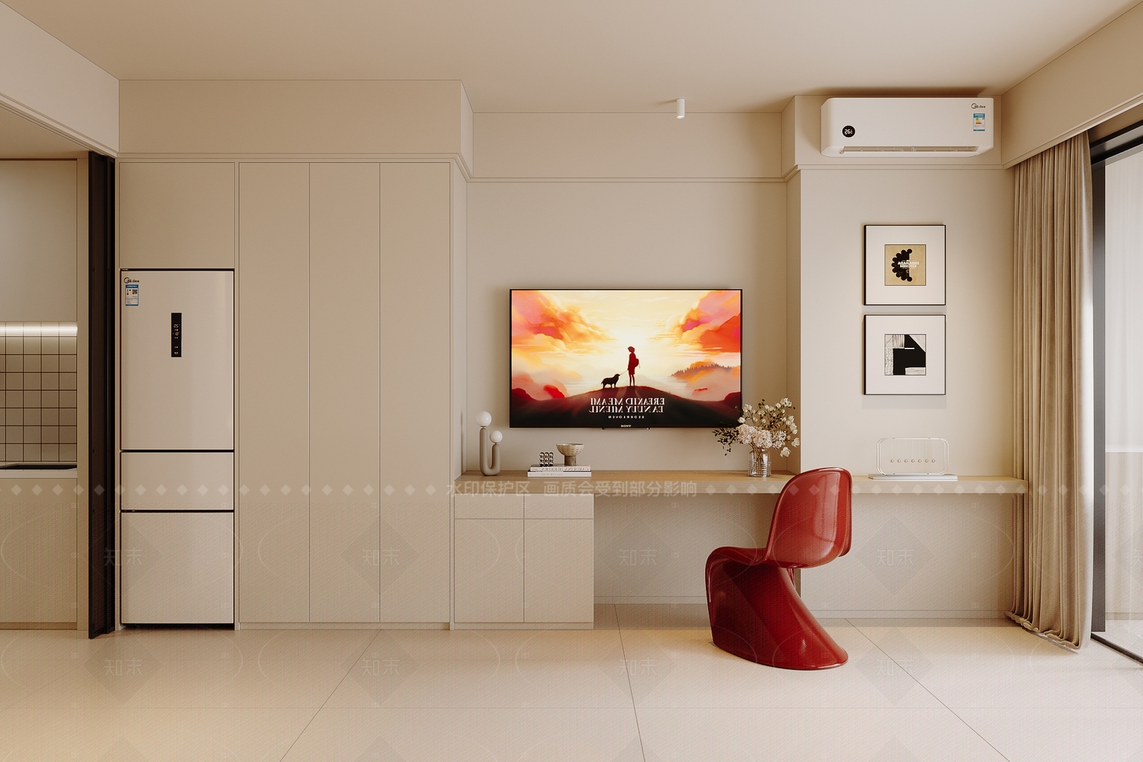 奶油风小户型客厅SU模型下载【ID:1212659564】