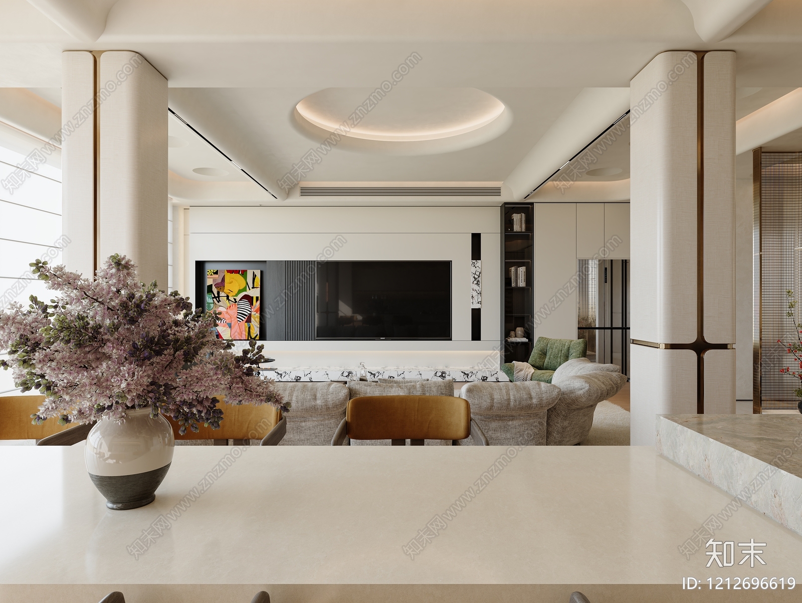 奶油风大平层客餐厅3D模型下载【ID:1212696619】