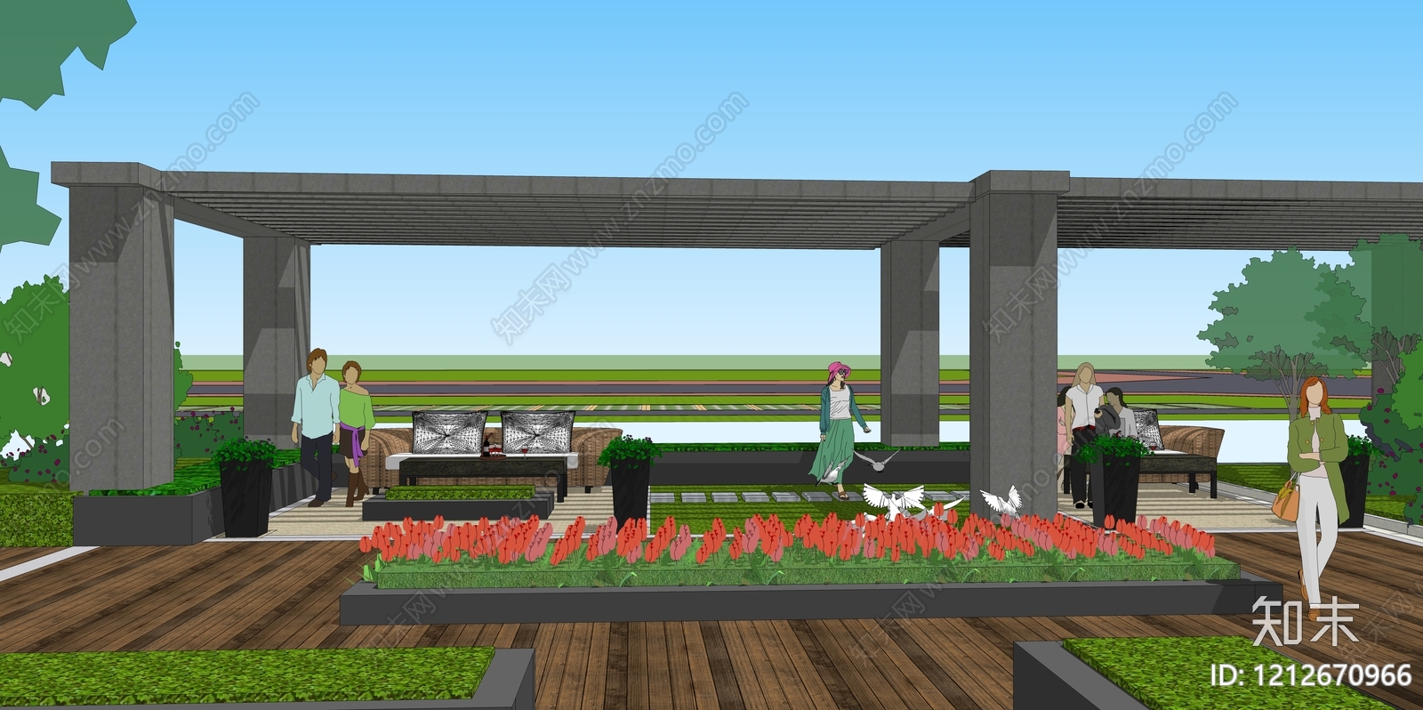 现代简约景观屋顶花园SU模型下载【ID:1212670966】