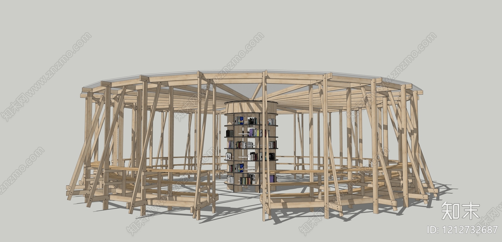 原木风图书馆建筑SU模型下载【ID:1212732687】