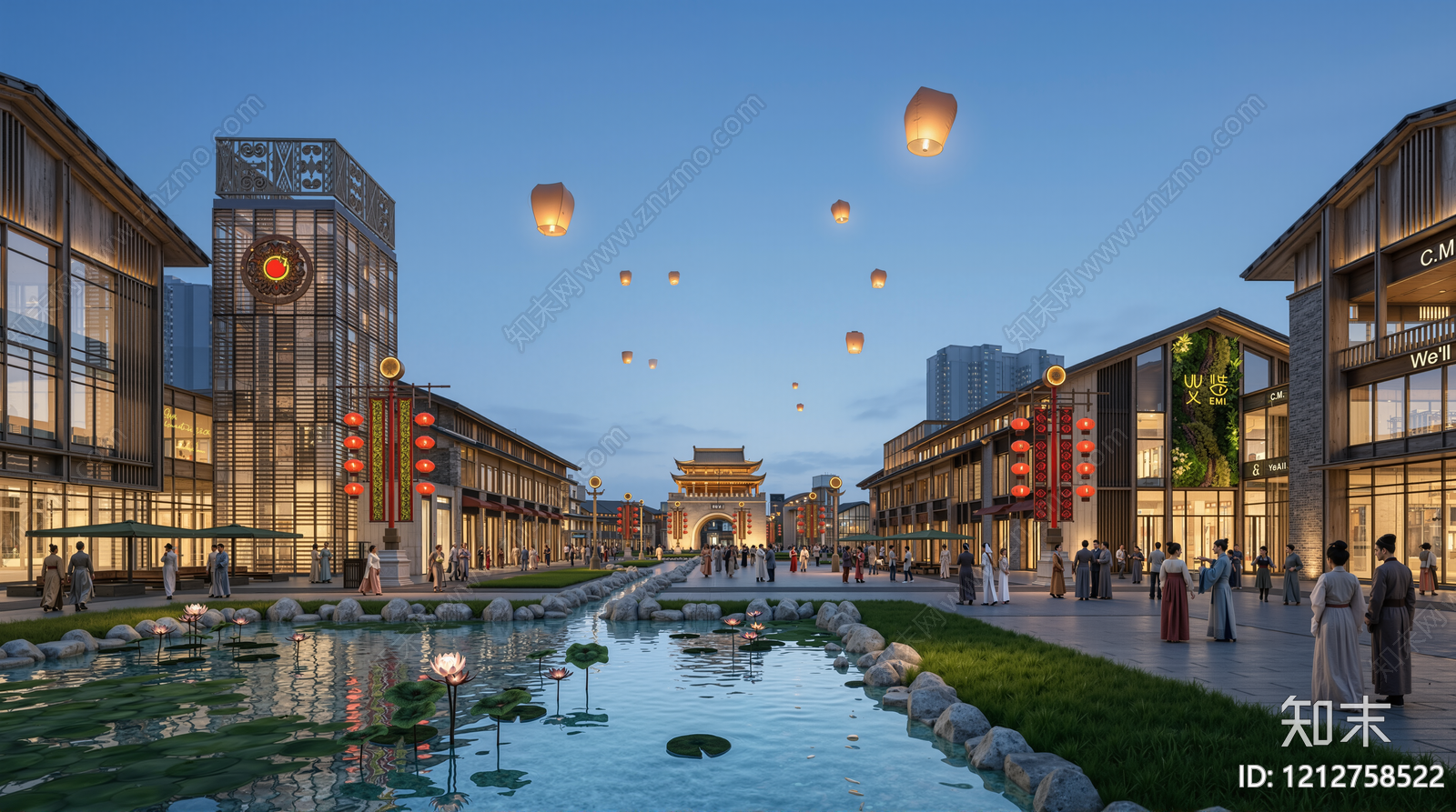 新中式商业街SU模型下载【ID:1212758522】