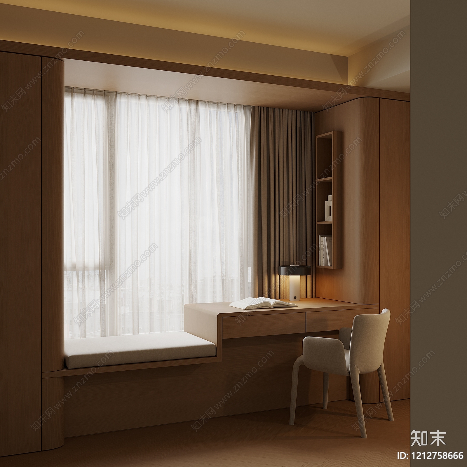 原木极简飘窗柜3D模型下载【ID:1212758666】