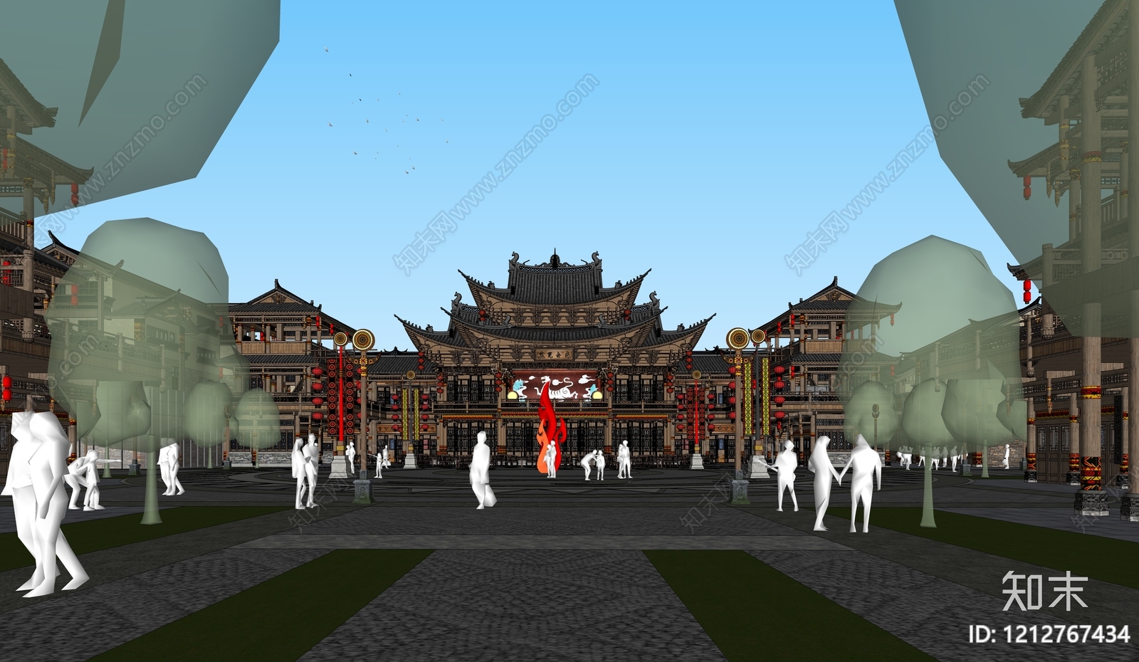 新中式古建筑SU模型下载【ID:1212767434】