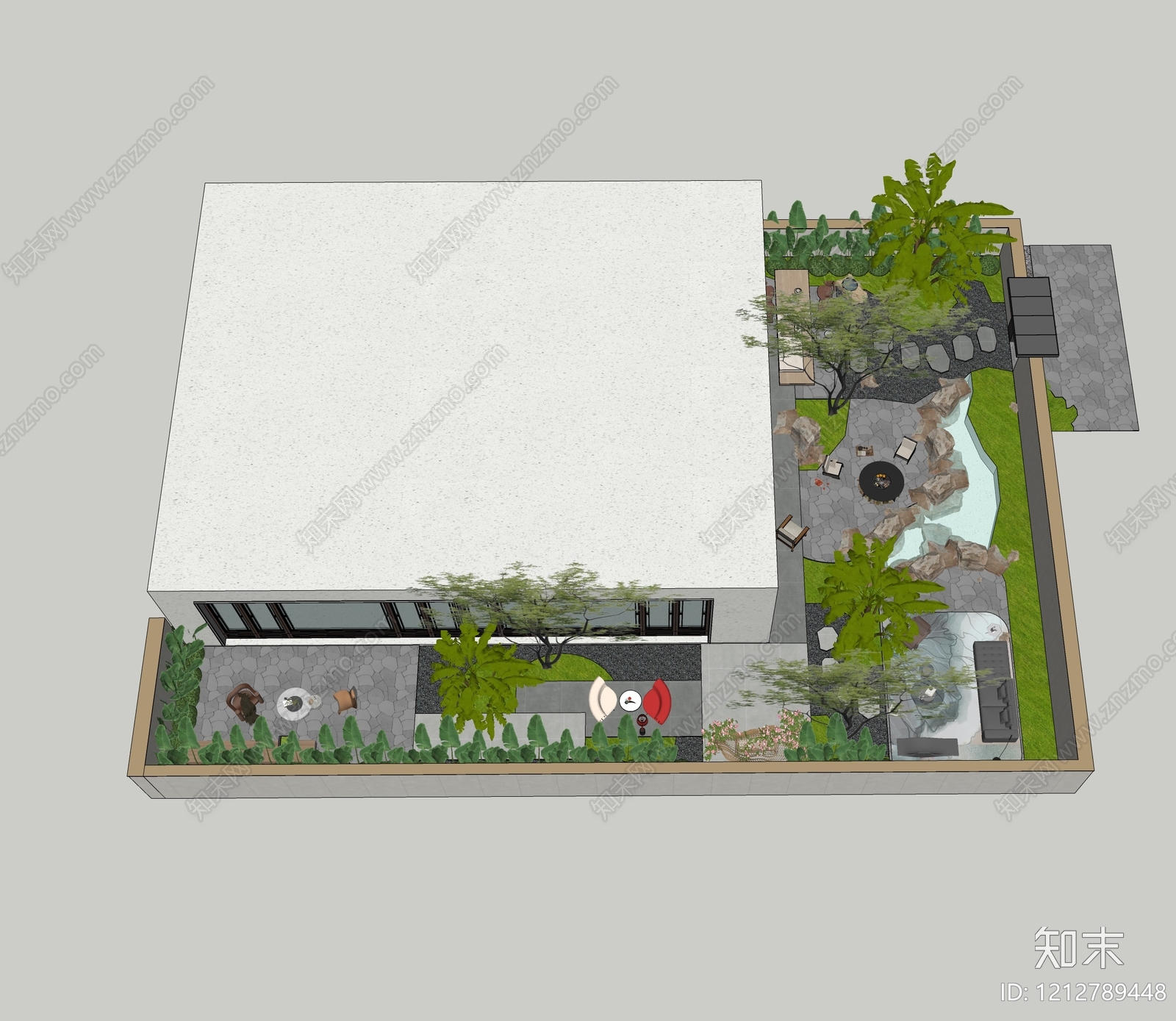 新中式别墅庭院SU模型下载【ID:1212789448】