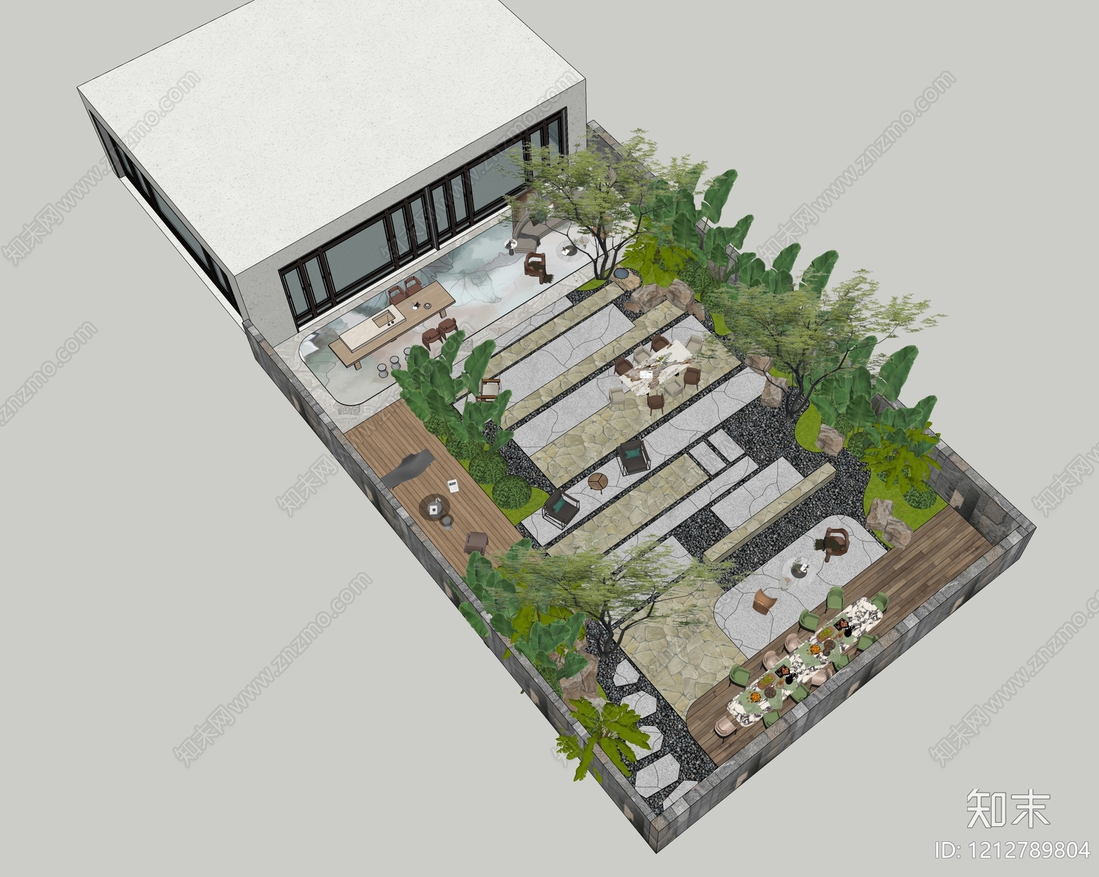 新中式别墅庭院SU模型下载【ID:1212789804】