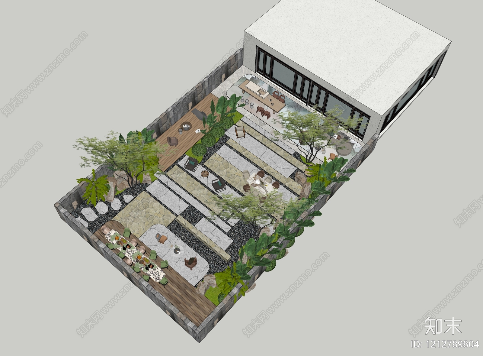 新中式别墅庭院SU模型下载【ID:1212789804】