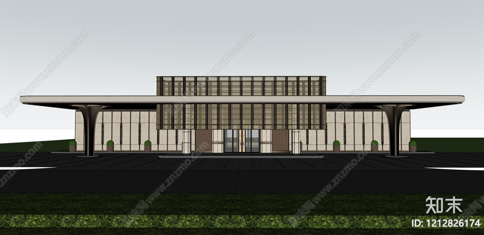 新中式售楼处建筑SU模型下载【ID:1212826174】