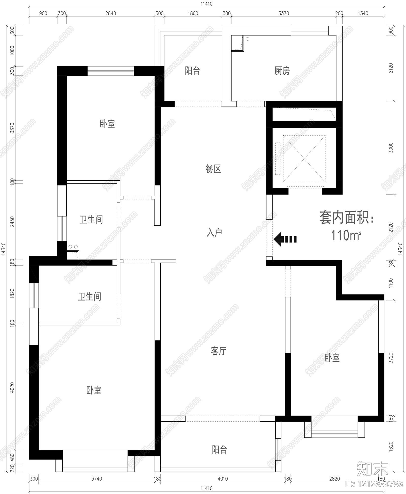 小户型平层cad施工图下载【ID:1212839788】