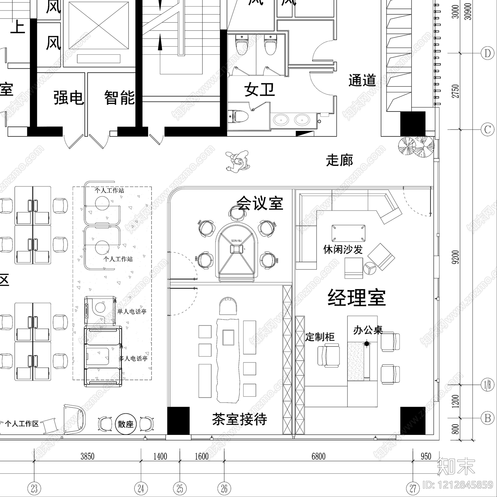 简约整体办公空间cad施工图下载【ID:1212845859】