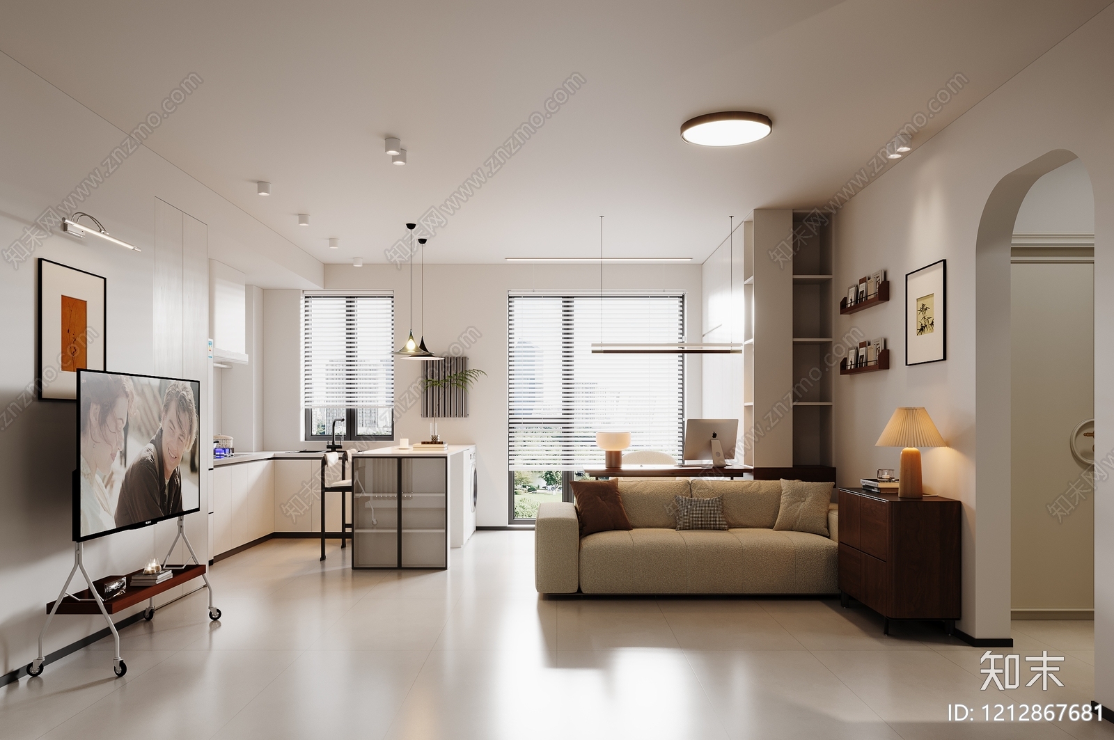 奶油风小户型客厅SU模型下载【ID:1212867681】