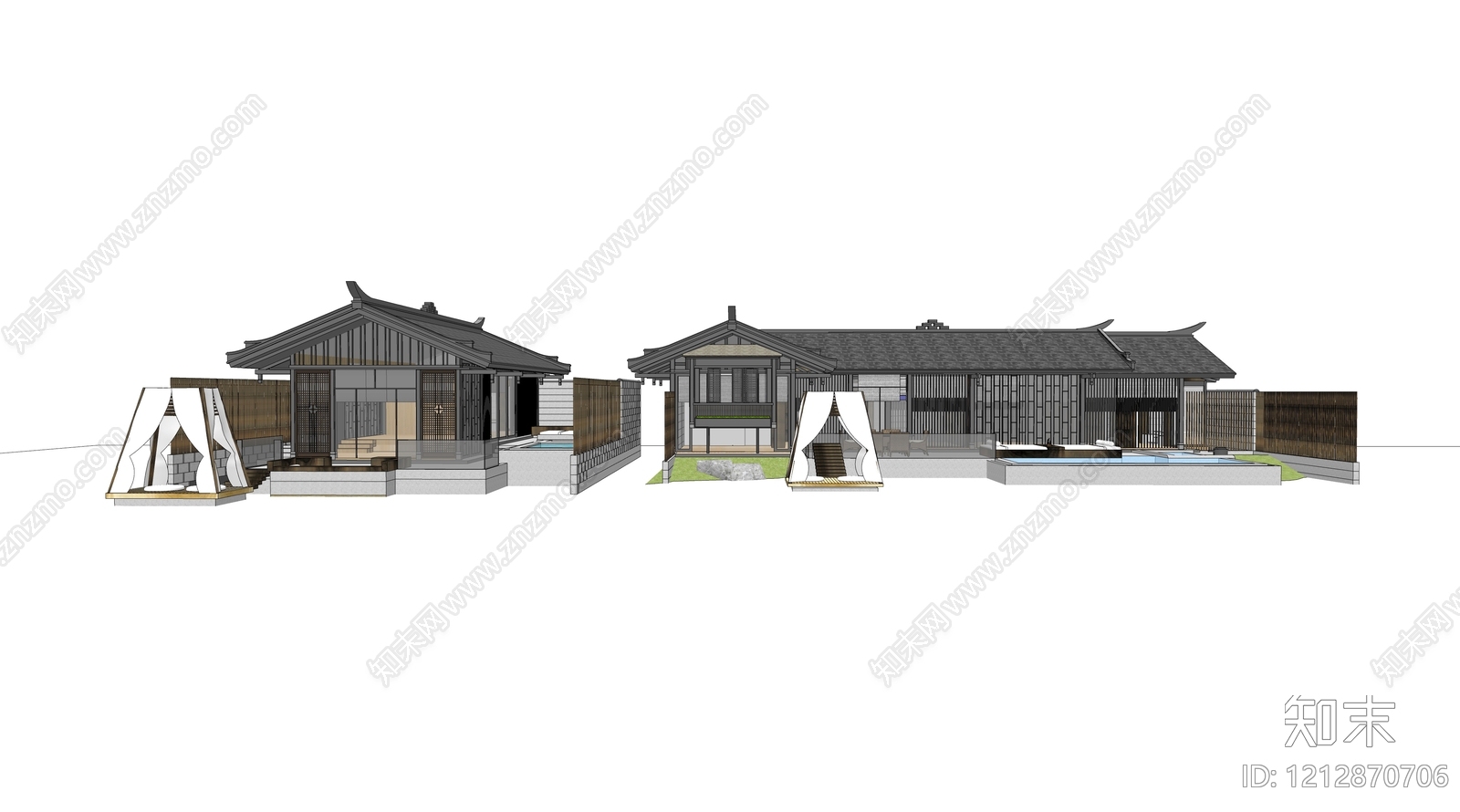 新中式民宿建筑SU模型下载【ID:1212870706】