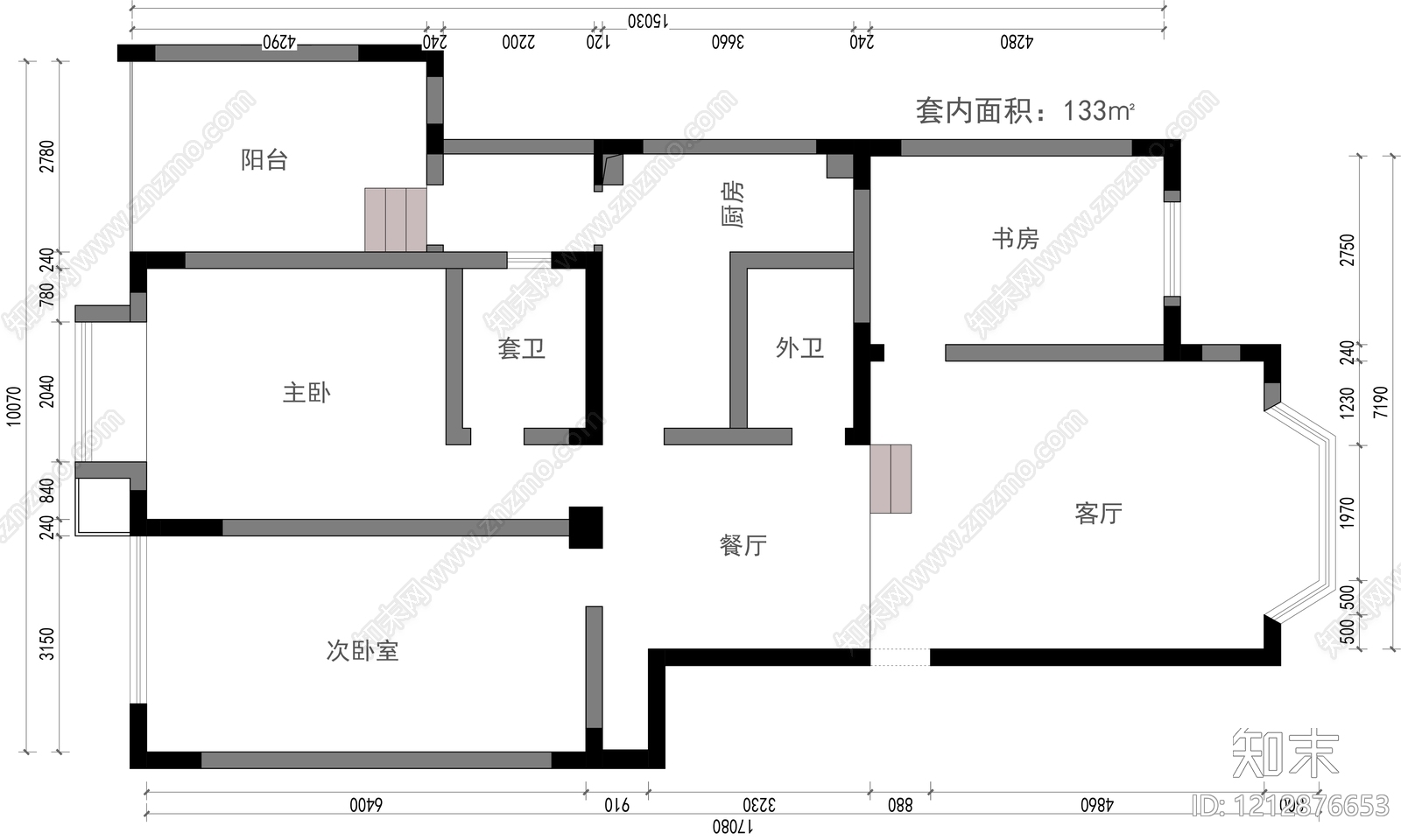 小户型平层cad施工图下载【ID:1212876653】