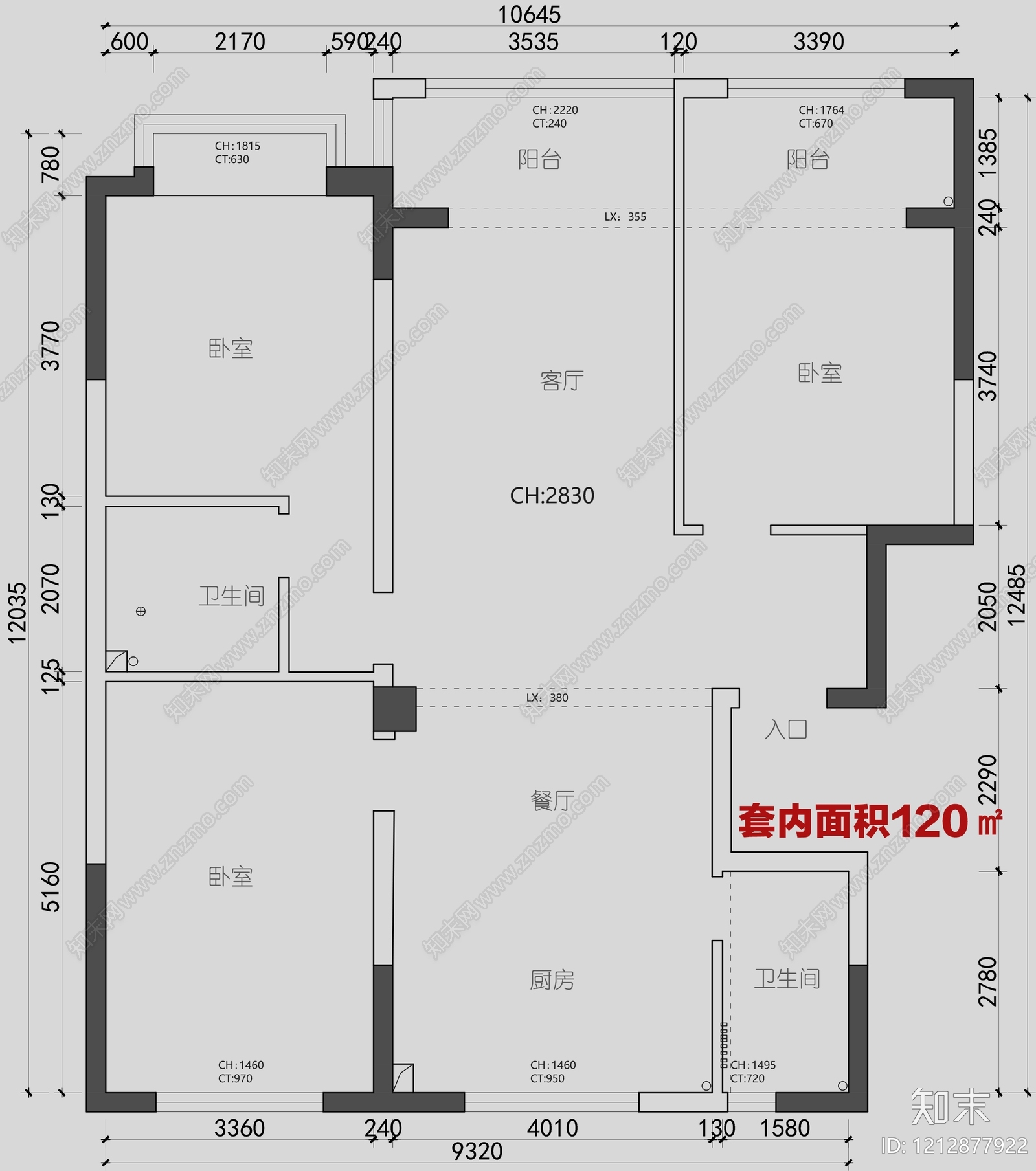 小户型平层cad施工图下载【ID:1212877922】