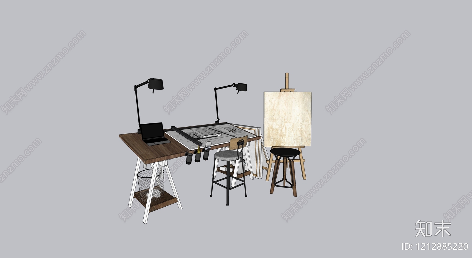 工业风办公桌SU模型下载【ID:1212885220】