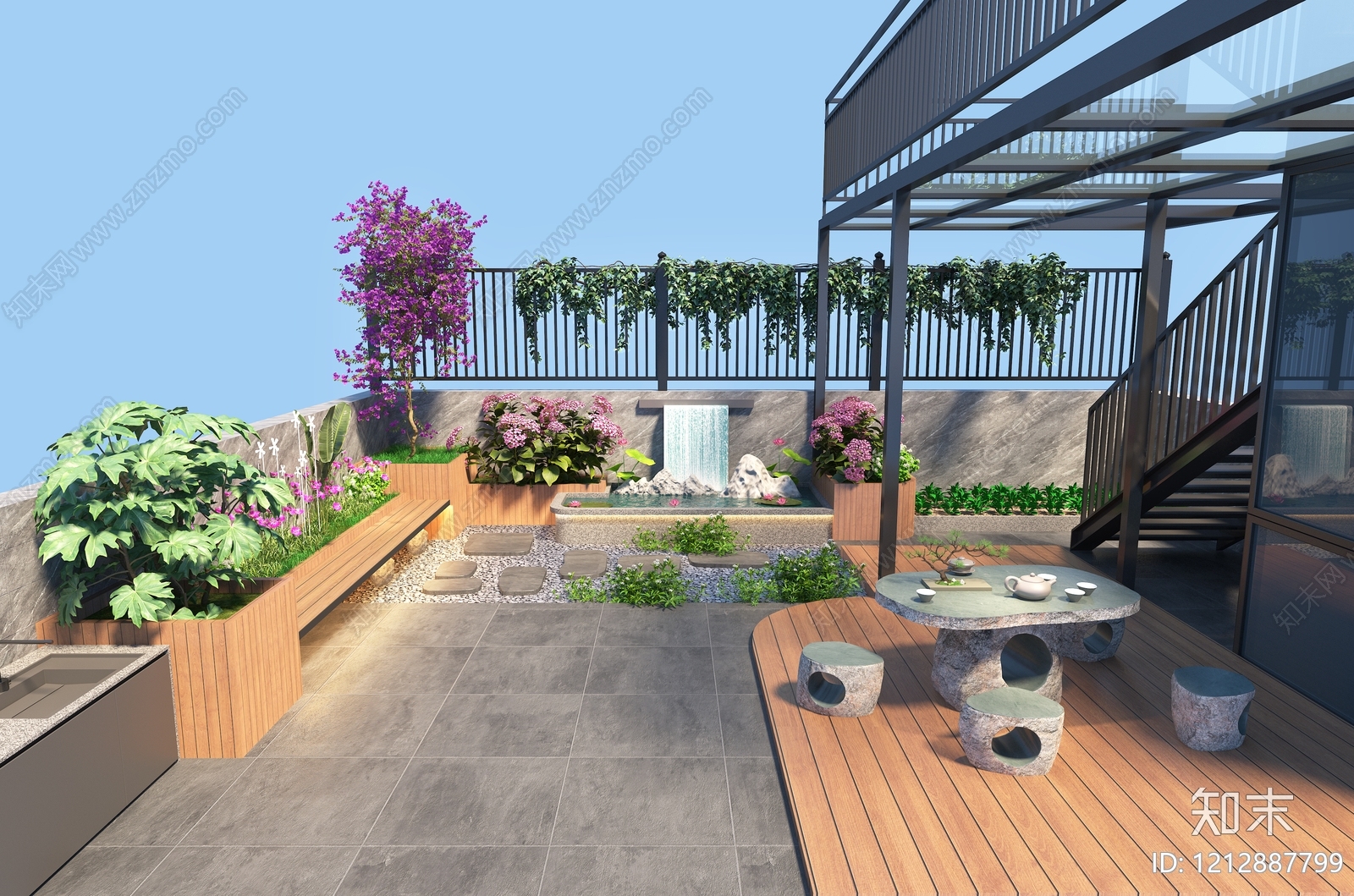 新中式屋顶花园3D模型下载【ID:1212887799】
