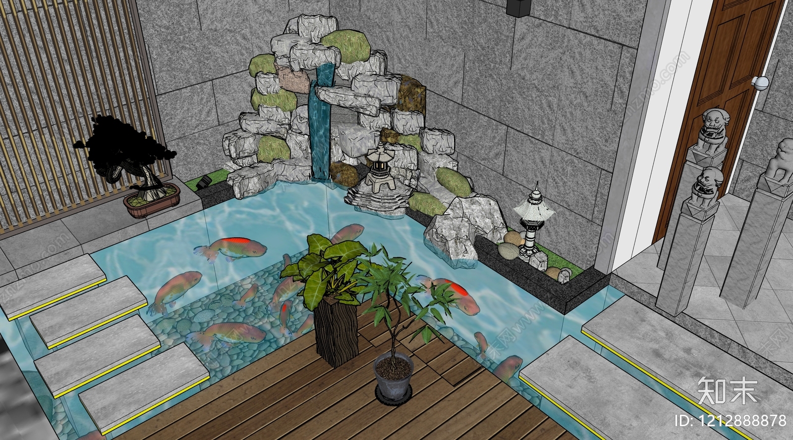 新中式景观别墅庭院SU模型下载【ID:1212888878】