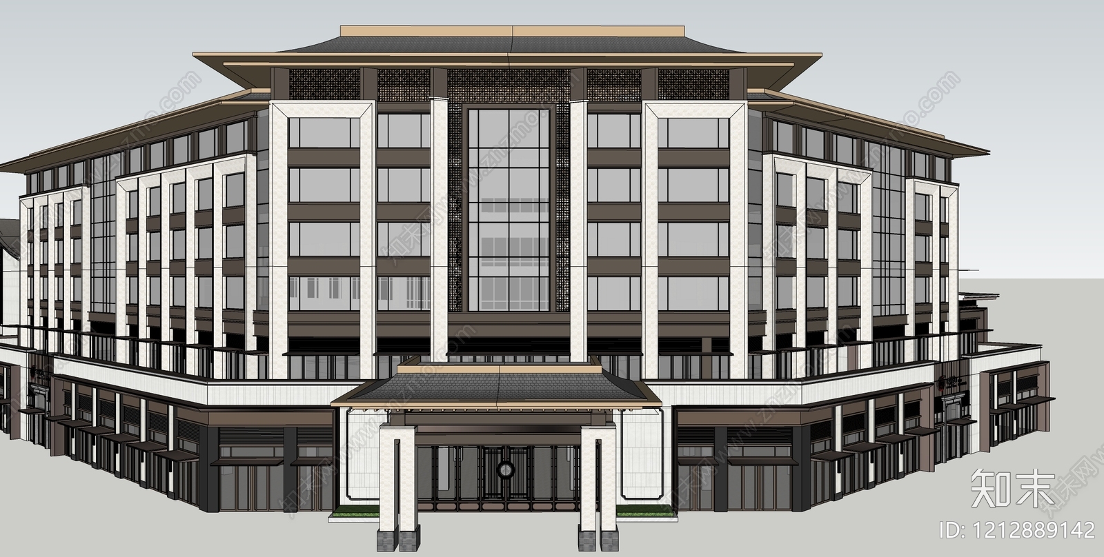 新中式酒店建筑SU模型下载【ID:1212889142】