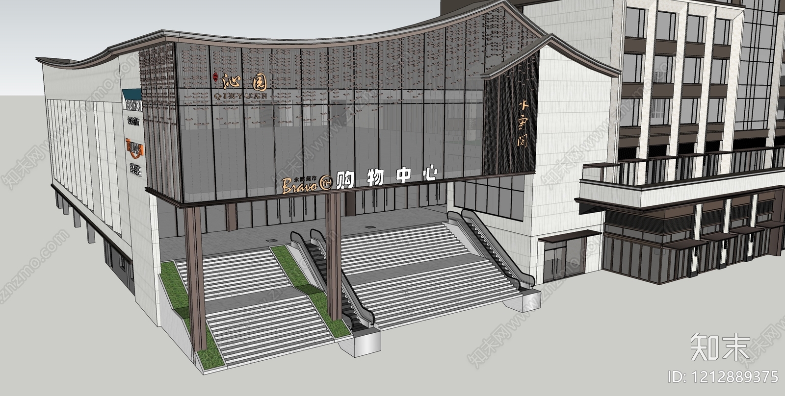新中式商场建筑SU模型下载【ID:1212889375】