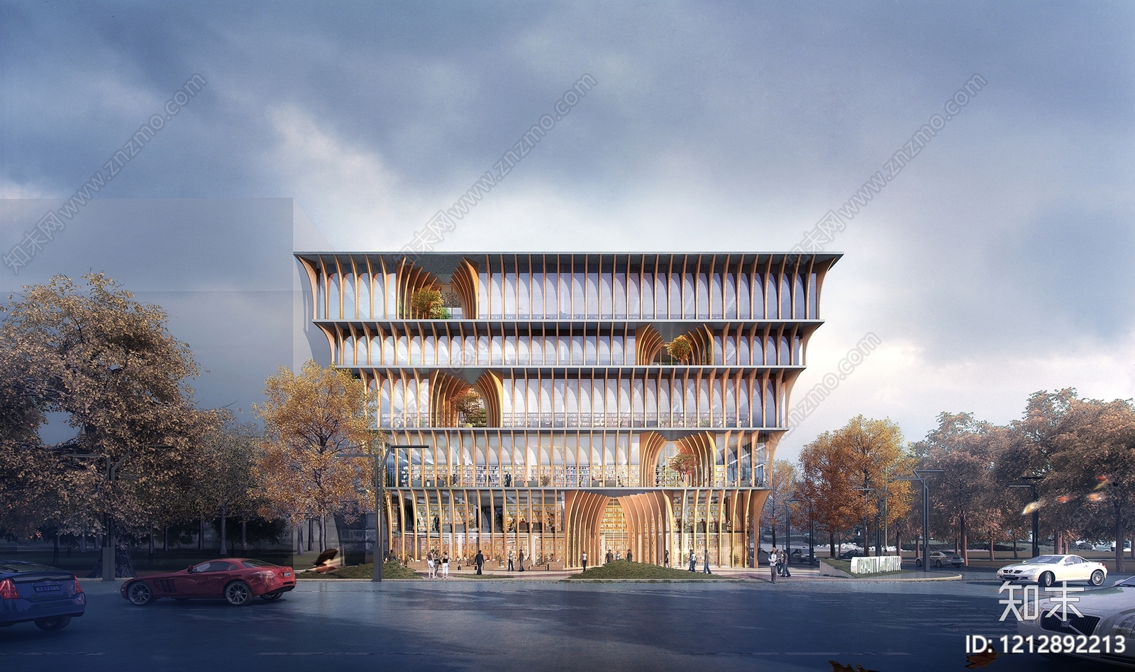 现代木结构建筑图书馆外观3D模型下载【ID:1212892213】