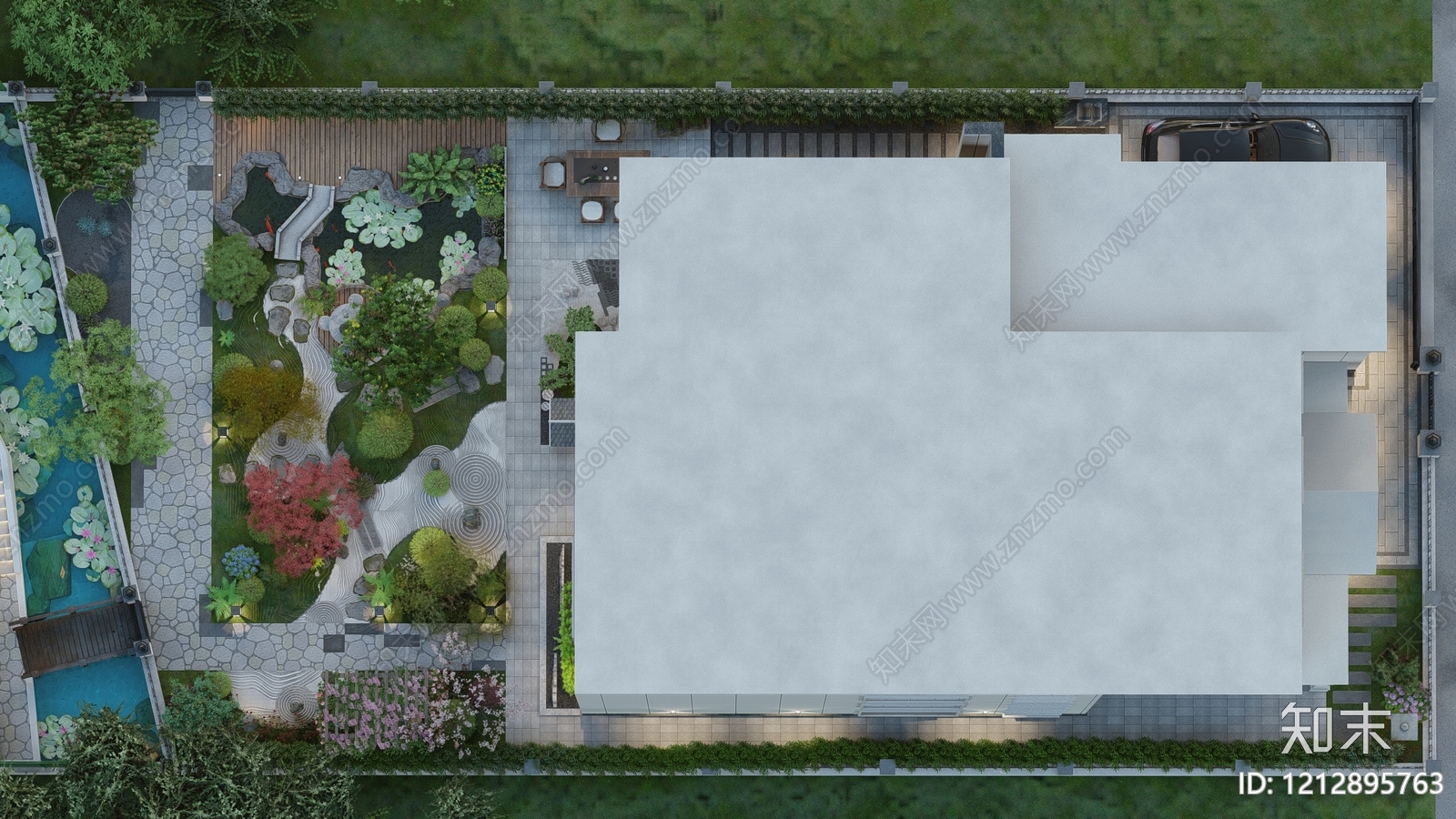 新中式景观别墅庭院SU模型下载【ID:1212895763】