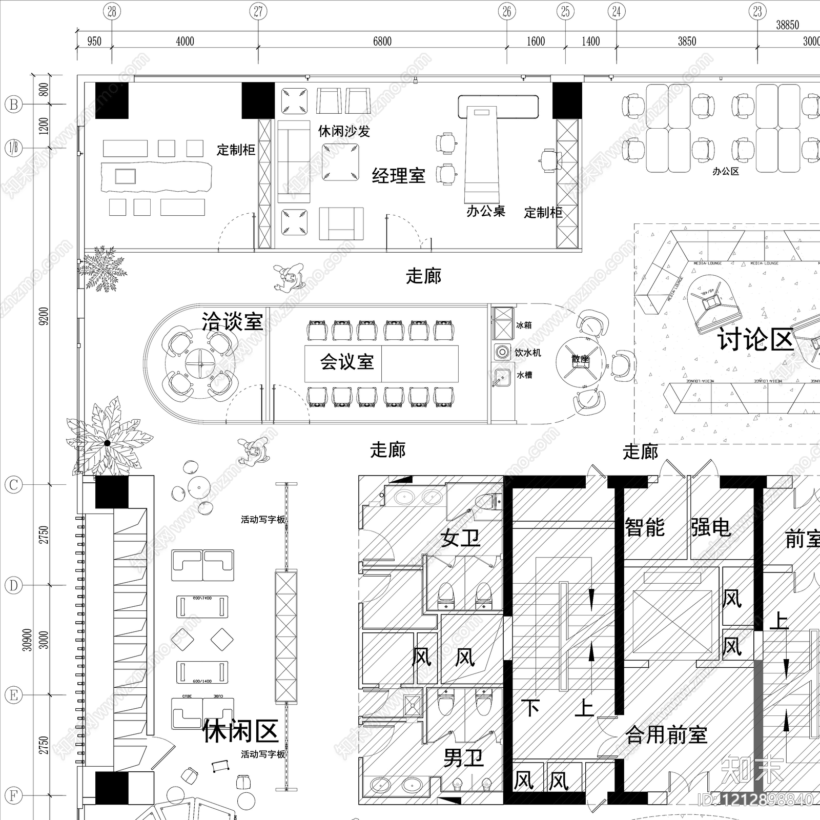极简开放办公室cad施工图下载【ID:1212898840】