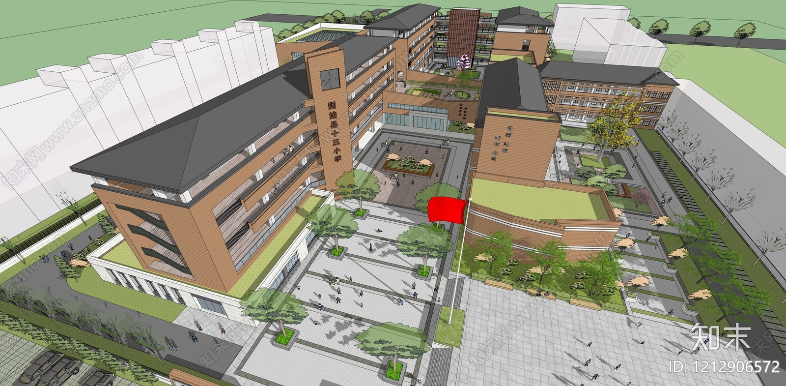 新中式学校建筑SU模型下载【ID:1212906572】