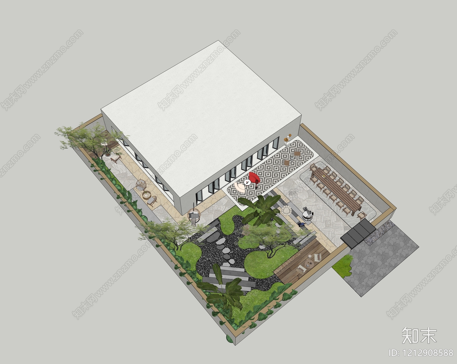 现代简约别墅庭院SU模型下载【ID:1212908588】
