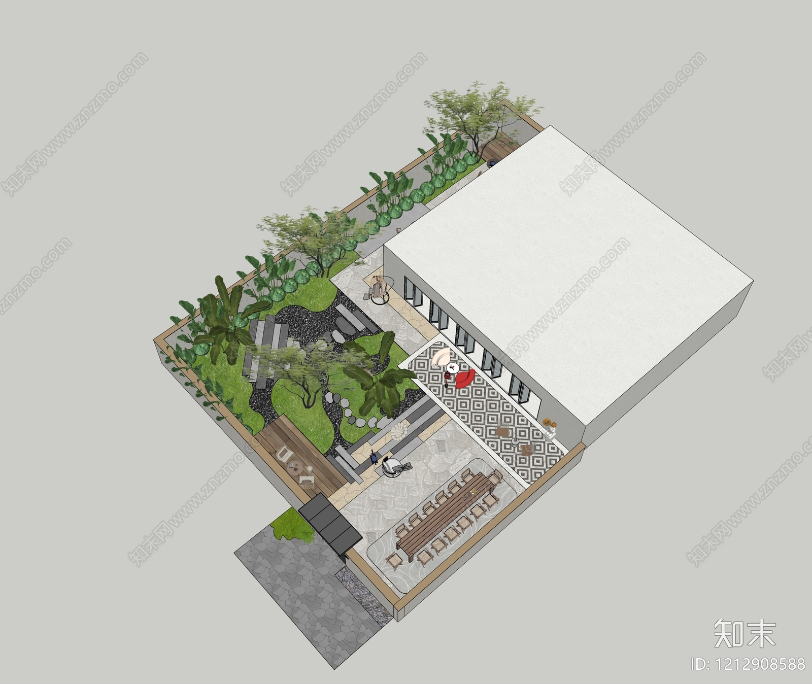 现代简约别墅庭院SU模型下载【ID:1212908588】