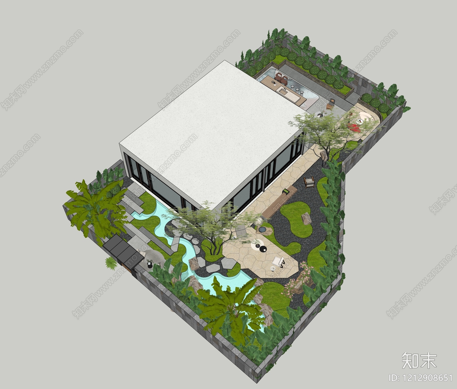 新中式别墅庭院SU模型下载【ID:1212908651】