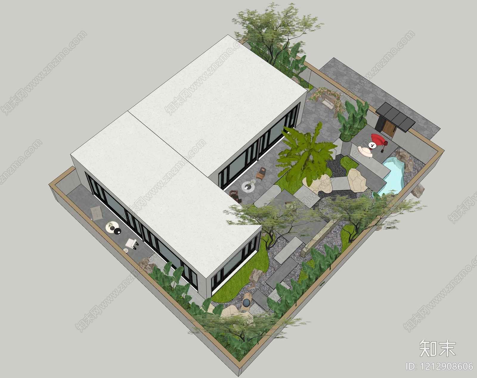新中式景观别墅庭院SU模型下载【ID:1212908606】