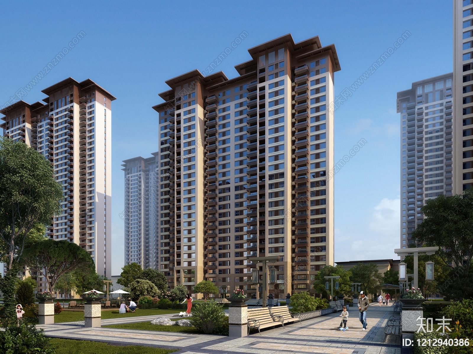 新中式小高层住宅楼3D模型下载【ID:1212940386】