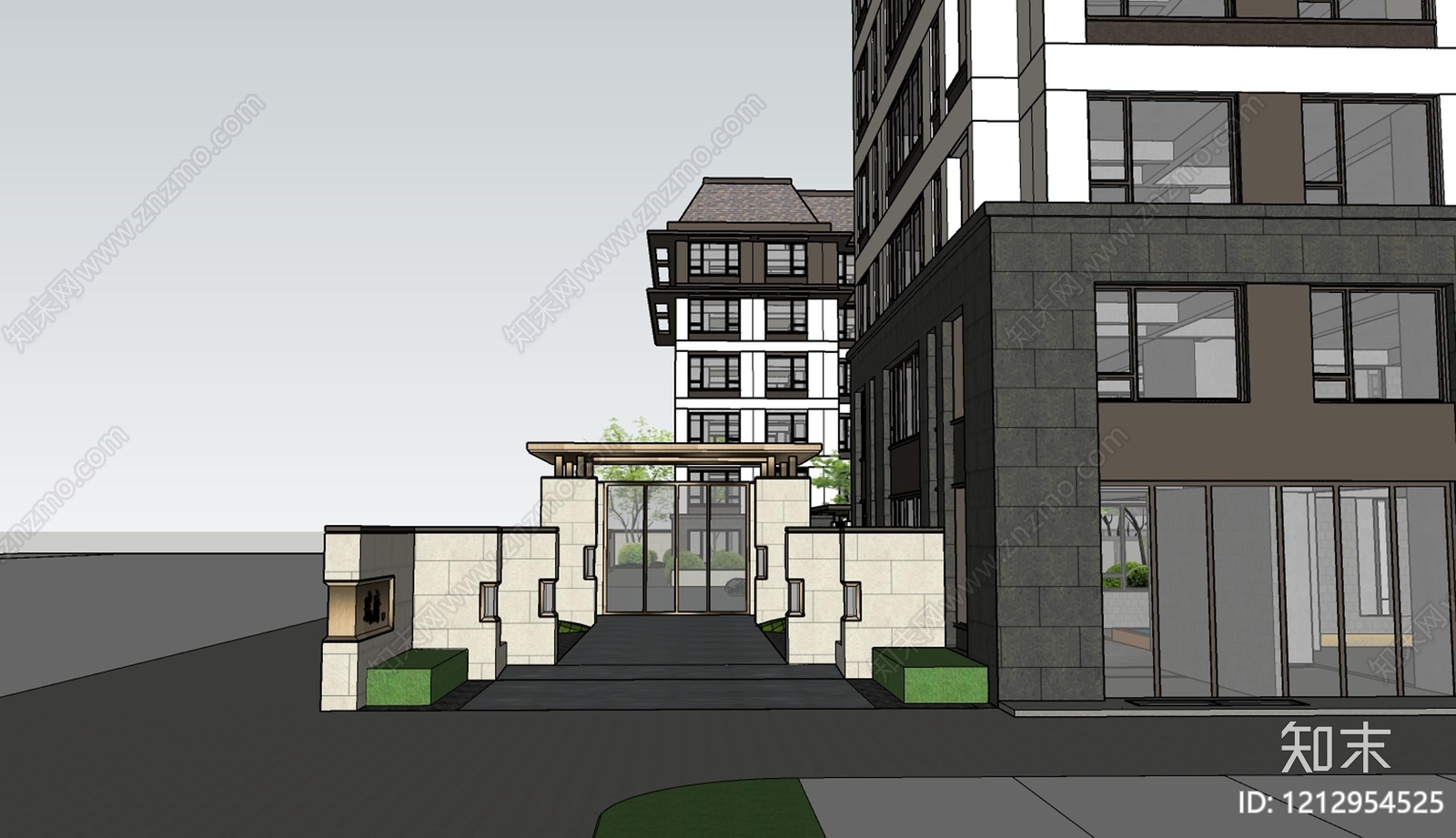 新中式小区建筑SU模型下载【ID:1212954525】