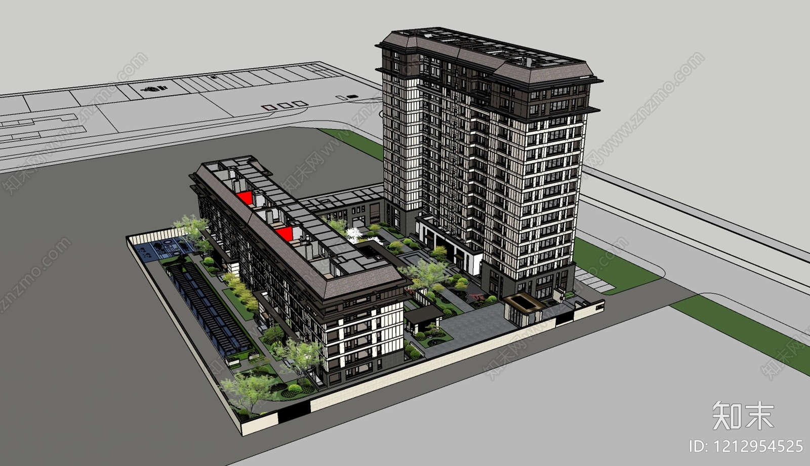 新中式小区建筑SU模型下载【ID:1212954525】